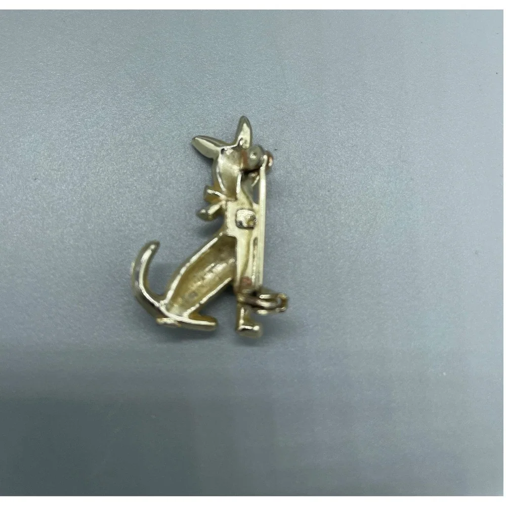 Vintage Gold Tone Cat Brooch Mother of Pearl Face Pink Bow Enamel Detail Pin MCM